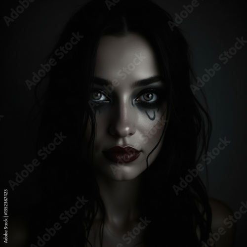 Wallpaper Mural Creepy portrait featuring a young woman with a sinister smile, creating a haunting and unsettling atmosphere accentuated by dramatic lighting in a dark environment Torontodigital.ca