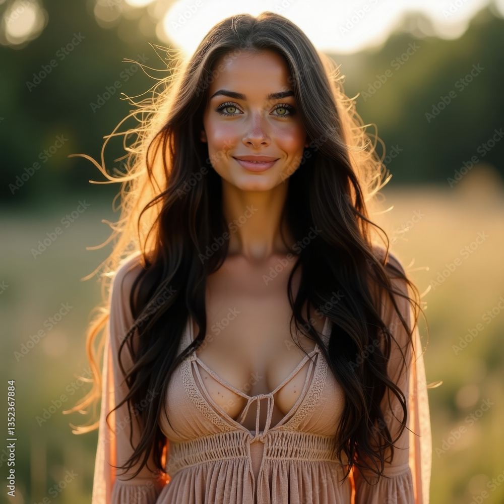 Naklejka premium Young woman with long brown hair, smiling gently in a field, radiating warmth and natural beauty, feeling carefree and happy