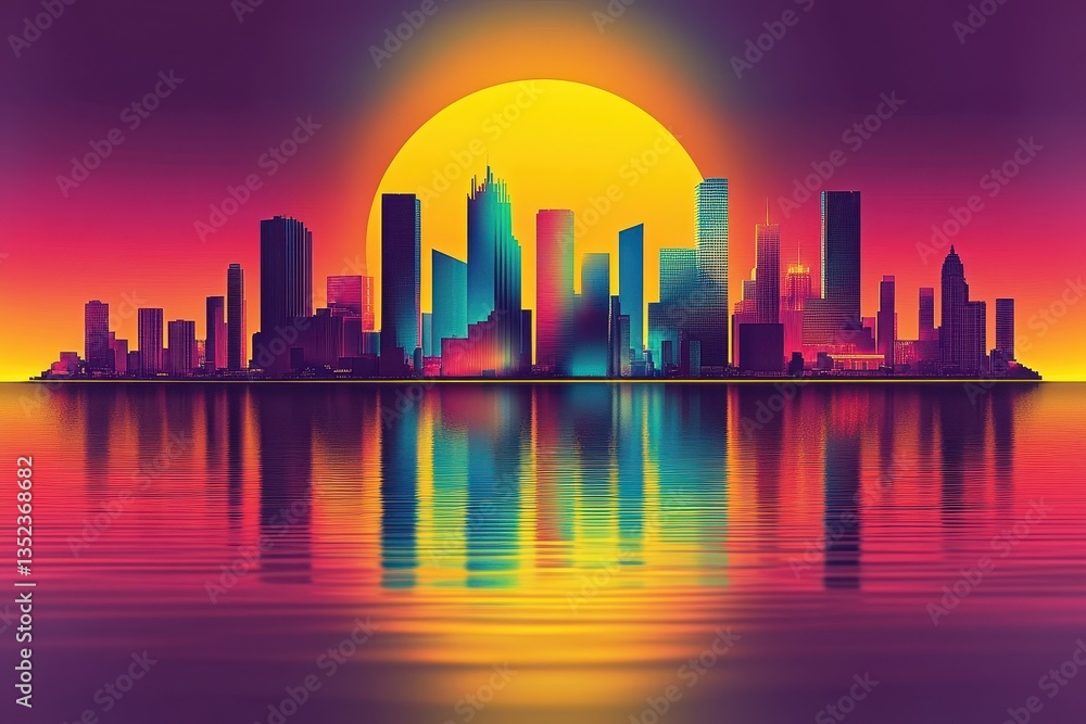 Obraz premium Vibrant city skyline silhouette over a reflective body of water