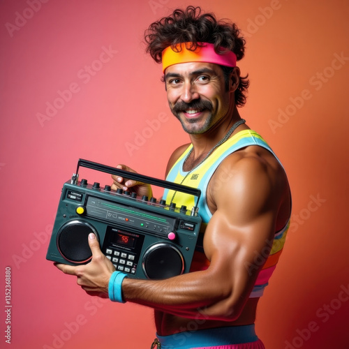 Cheerful man dressed in 80s-style fitness attire, holding a classic vintage boombox. Colourful background creates a bright and nostalgic feel, highlighting retro trends, fitness culture