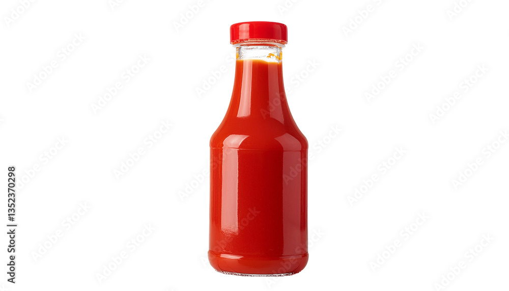 A bottle of red hot sauce against a plain background. The bottle is transparent glass with a red cap A bottle of red hot sauce against a plain background. The bottle is transparent glass with a red cap