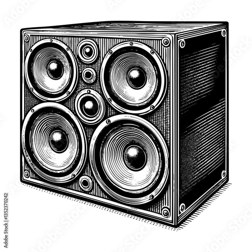 music speaker box sketch engraving black and white outline. Scratch board imitation.
