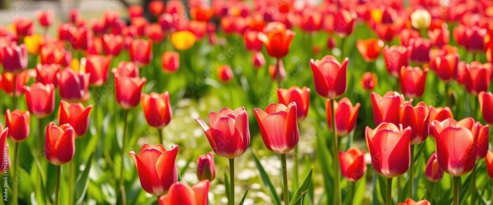 Fototapeta premium Vibrant tulips bloom in a sun-drenched meadow, showcasing springtime's arrival, background, sunshine