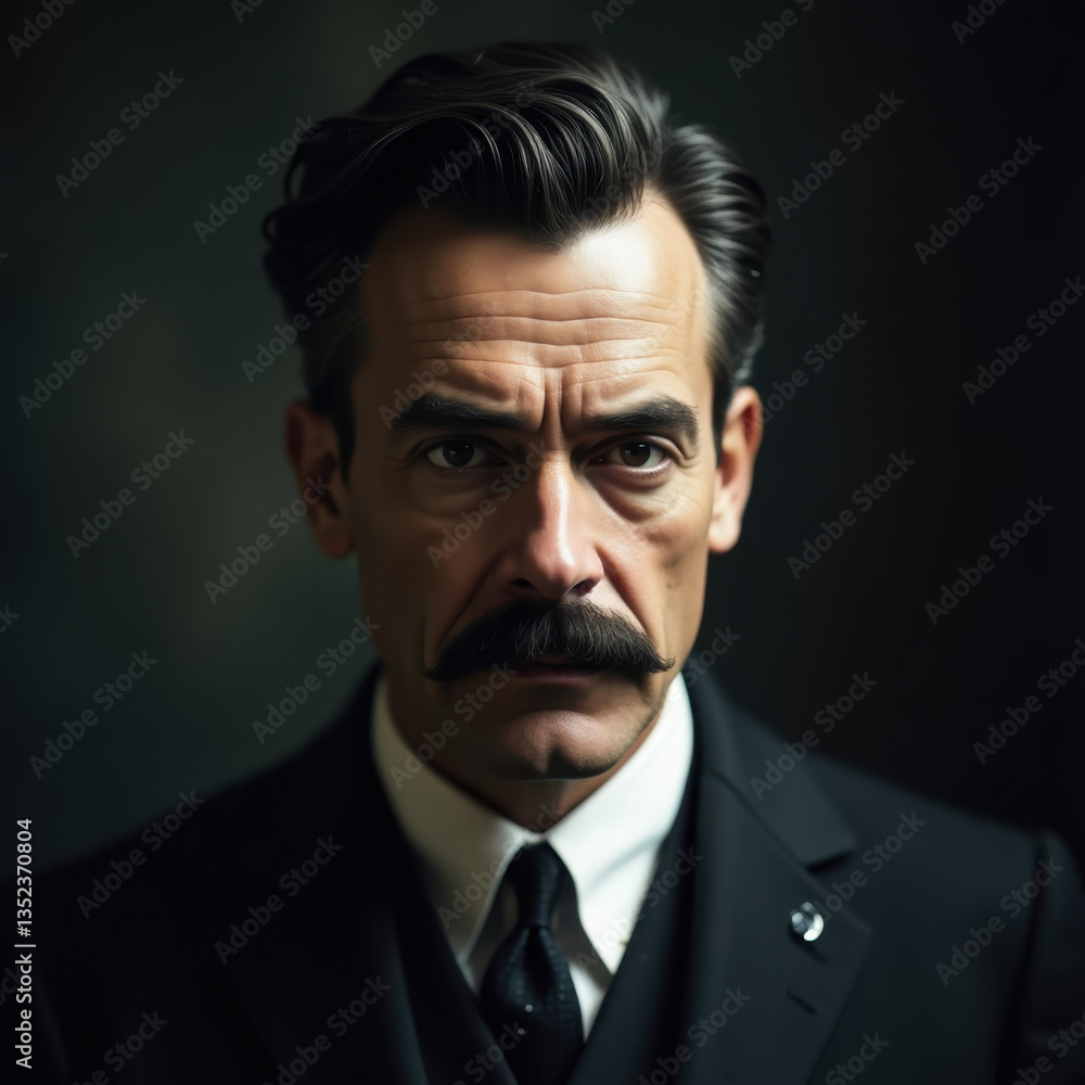 A close-up portrait featuring a distinguished gentleman in elegant vintage attire, with a styled moustache, expressing confidence and sophistication, set against a dark and timeless backdrop A close-up portrait featuring a distinguished gentleman in elegant vintage attire, with a styled moustache, expressing confidence and sophistication, set against a dark and timeless backdrop
