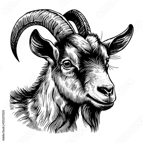 Goat portrait sketch engraving black and white outline. Scratch board imitation.  illustrated in vintage line art style on a white background.
