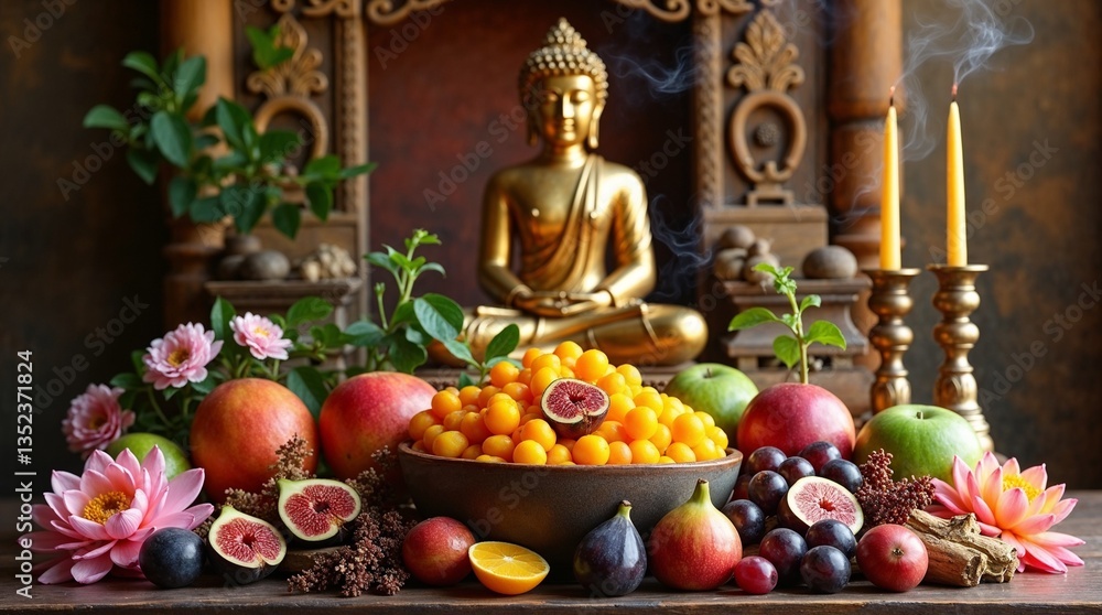 Fototapeta premium Buddha's Birthday Celebration with Fruits and Flowers on Altar 