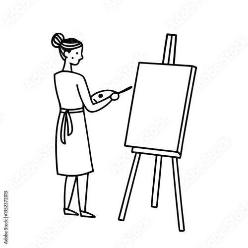 a vector line art silhouette of a woman painting on an easel,  