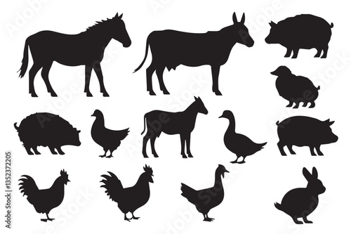 Farm Animals Silhouettes Collection Horse, Donkey, Sheep, Duck, Hen, Pig, Rabbit, Rooster