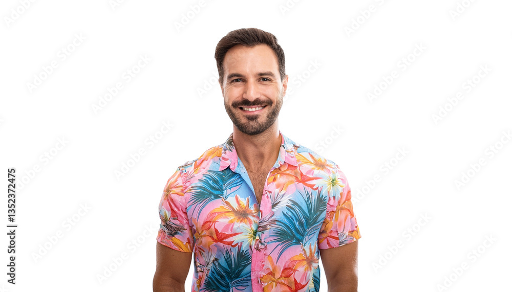 Fototapeta premium a man with a cheerful expression wearing a colorful patterned shirt, captured in a studio setting