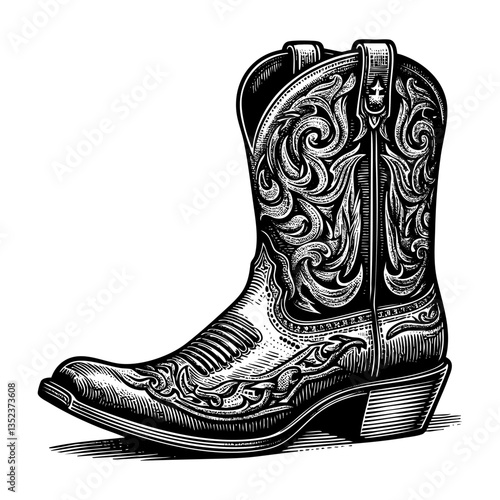 Pair of cowboy boots engraving black and white outline. Scratch board imitation. illustrated in vintage line art style on a white background.
