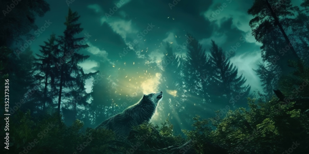 Obraz premium A lone wolf howls under a starry sky, surrounded by towering trees and a mystical glow, capturing the essence of wilderness and the beauty of nature at night
