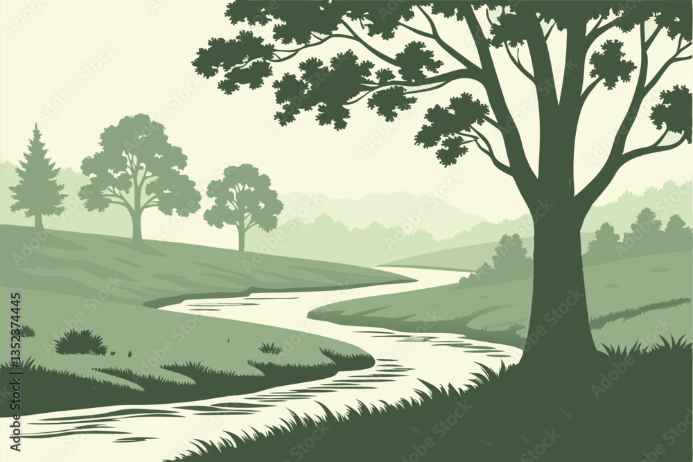 Obraz premium 16 Serene watercolor landscape, winding river, lush green trees, tranquil forest scene, soft misty background, gentle curves, verdant foliage, peaceful nature illustration, muted color palette, flowin