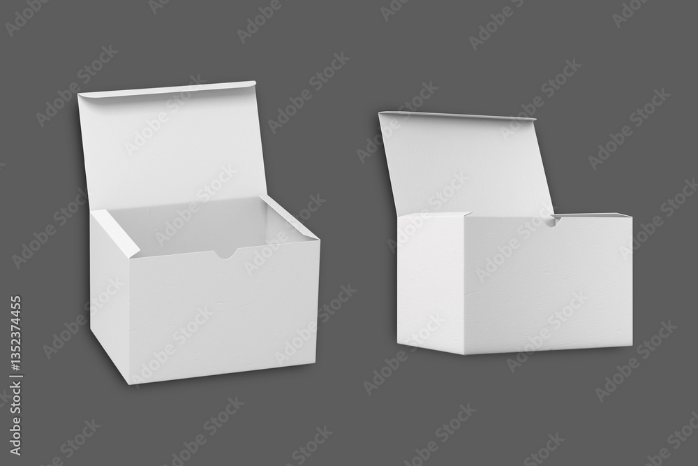 Isolated shot opened blank parallelogram box mock up on a dark background. Set of blank white product packaging boxes,3d rendering.open white corrugated carton boxes, ideal for packaging and shipping. Isolated shot opened blank parallelogram box mock up on a dark background. Set of blank white product packaging boxes,3d rendering.open white corrugated carton boxes, ideal for packaging and shipping.