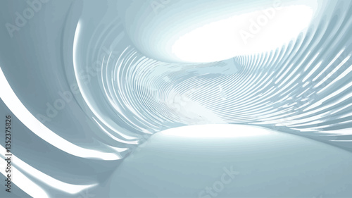 The image depicts a digitally rendered, abstract architectural space.  The scene is dominated by a long corridor or tunnel with curving, parallel walls. The walls are smooth, white, or light gray,
