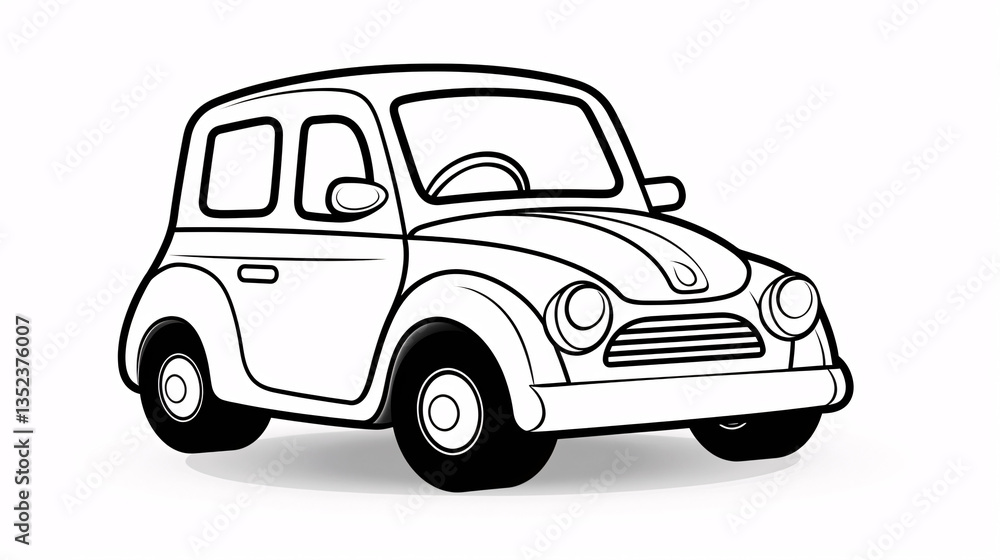 Cute cartoon car with eyes on the road, trees on both sides, simple black and white coloring page. Cute cartoon car with eyes on the road, trees on both sides, simple black and white coloring page.