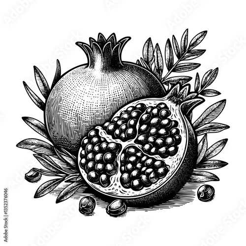 Pomegranate sketch engraving black and white outline. Scratch board imitation.  illustrated in vintage line art style on a white background.