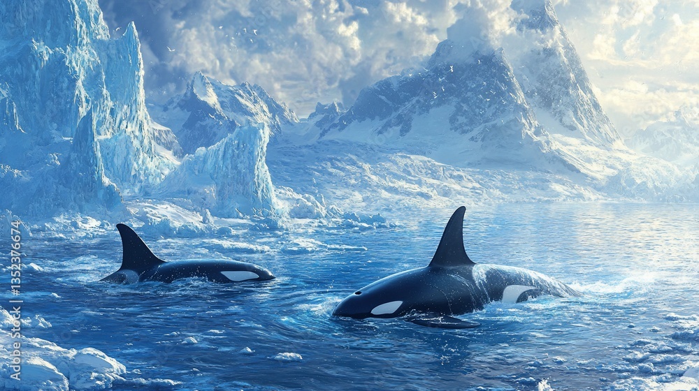 Naklejka premium Orcas in the Arctic Waters: Majestic Killer Whales in a Frozen Landscape