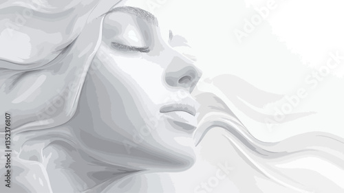 Close-up profile view of a woman's face, rendered in monochrome white.  The woman's eyes are closed, conveying a sense of peace.  Her features are smooth and softly rendered.  The background