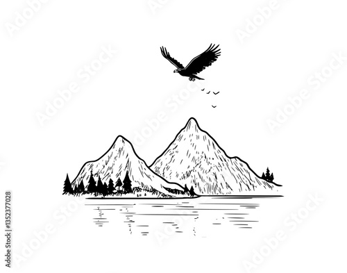 "Serene mountains reflect in tranquil waters, with an eagle soaring above. Ideal for nature-themed designs, this stunning vector illustration evokes peace and adventure."