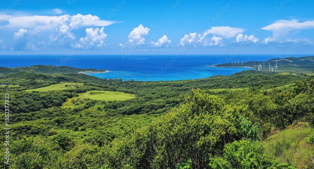 Obraz premium A scenic landscape of rolling hills meets the bright ocean waters