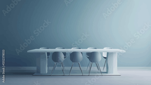 The image shows a minimalist conference room interior. The room features light blue walls, a long white rectangular table, and several white chairs arranged around the table. The chairs appear to
