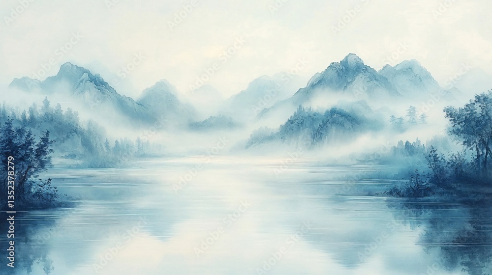 Fototapeta premium Traditional Chinese landscape scenery in cyan tones, serene mountains and rivers, ideal for wallpaper and background, capturing natural beauty, cultural aesthetic, tranquil scenery, misty peaks and ha