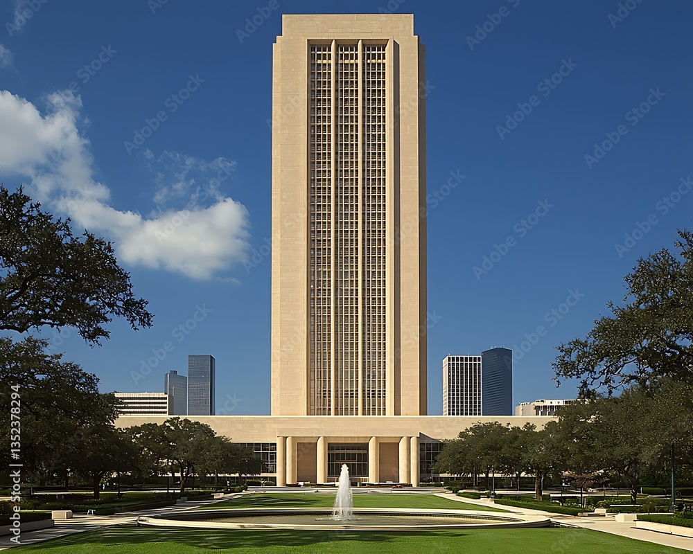 Tall Beige Building with Fountain and Landscaping