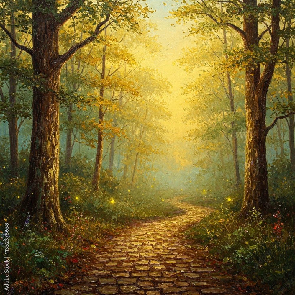 Naklejka premium enchanted forest path with golden light