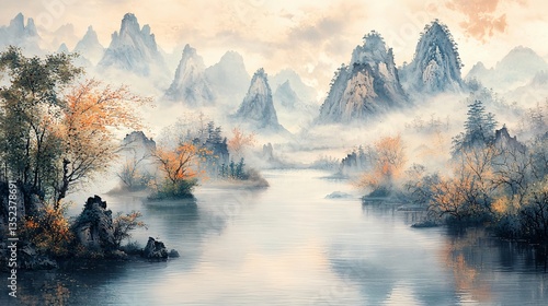 Traditional Chinese landscape scenery in cyan tones, serene mountains and rivers, ideal for wallpaper and background, capturing natural beauty, cultural aesthetic, tranquil scenery, misty peaks and ha