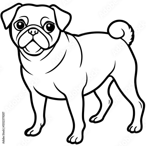 Playful Pug: A charming, outline illustration of a pug, poised with a captivating, expressive face and a distinctive curled tail. This image evokes warmth and lightheartedness.