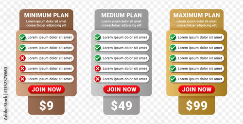 Business plans web comparison pricing table. Price plan set. Vector illustration isolated on white background