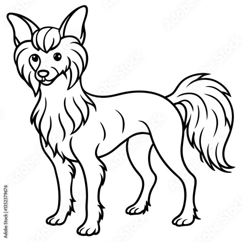 Chinese Crested Dog Line Art: A charming illustration of a Chinese Crested dog, showcasing its unique hairless body and long, flowing hair on its head and tail.  The image is clean, simple.