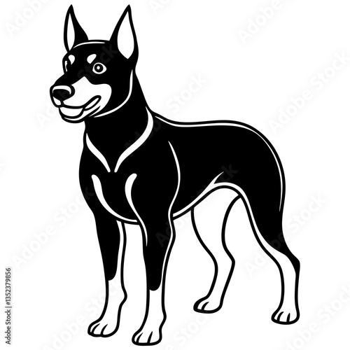 Loyal Companion: A black and white illustration of a Doberman Pinscher, standing confidently with a poised, attentive expression, representing the breed's innate loyalty and intelligence.