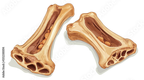 Digital illustration of two identical, hollow, bone-shaped objects.  The objects are light golden brown in color, with a smooth surface and visible internal structure.  The interior of each