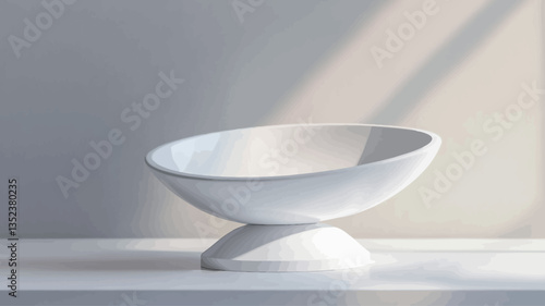 A high-angle, close-up shot of a white ceramic bowl resting on a matching white pedestal or stand. The bowl is shallow and slightly elliptical in shape. The background is a plain, light gray wall