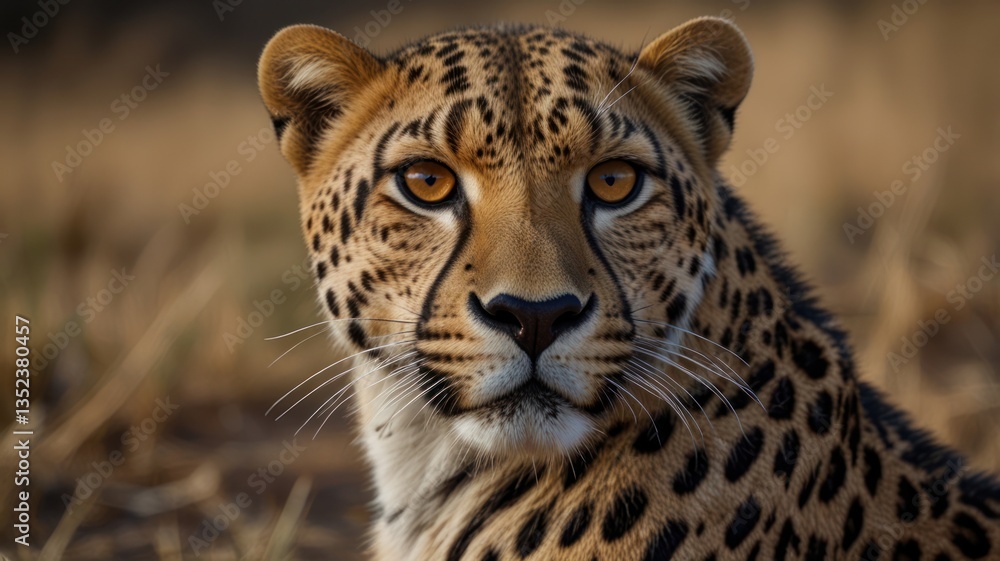 Obraz premium A spotted feline gazes intently. It blends into warm brown grass behind