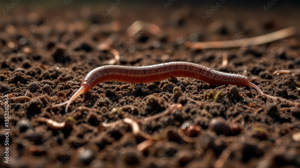 A worm wriggles on soil. Its segmented body is clearly visible in the bright sunlight A worm wriggles on soil. Its segmented body is clearly visible in the bright sunlight