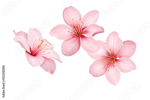 Pink cherry blossoms isolated on white background-Three delicate pink cherry blossoms with soft petals and yellow stamens, isolated on a white background. Symbol of spring and beauty.  

