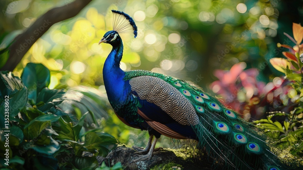 Obraz premium a beautiful peacock standing on a rock in a forest