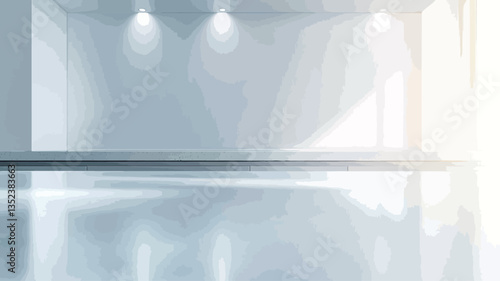 The image depicts a digitally rendered, empty interior space.  The walls are predominantly white, creating a minimalist aesthetic.  A highly reflective floor spans the width of the image, mirroring
