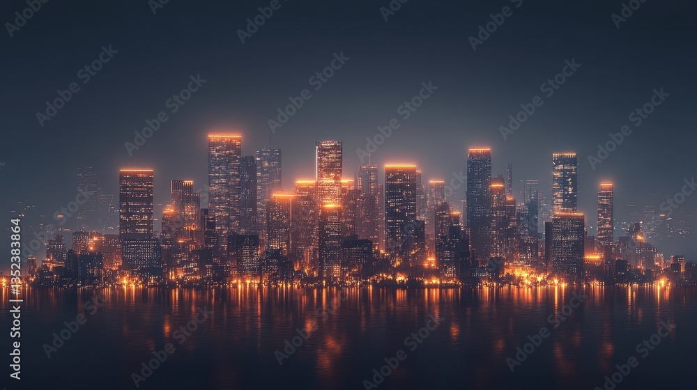 Obraz premium A glowing cityscape reflecting on tranquil water at night time