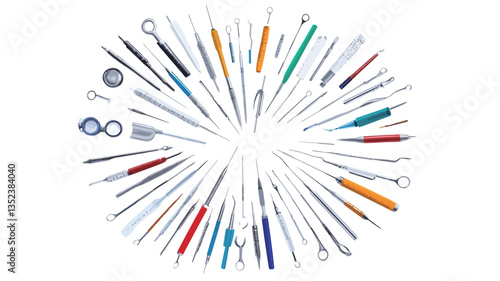 The image shows a diverse collection of fine-pointed instruments, predominantly metallic and plastic, arranged in a radial pattern against a stark white background.  The instruments vary in size,