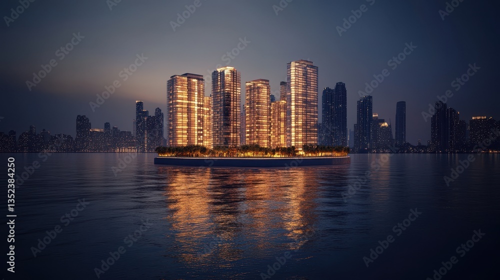 Fototapeta premium Illuminated skyscrapers reflect on calm water during the dusk hours