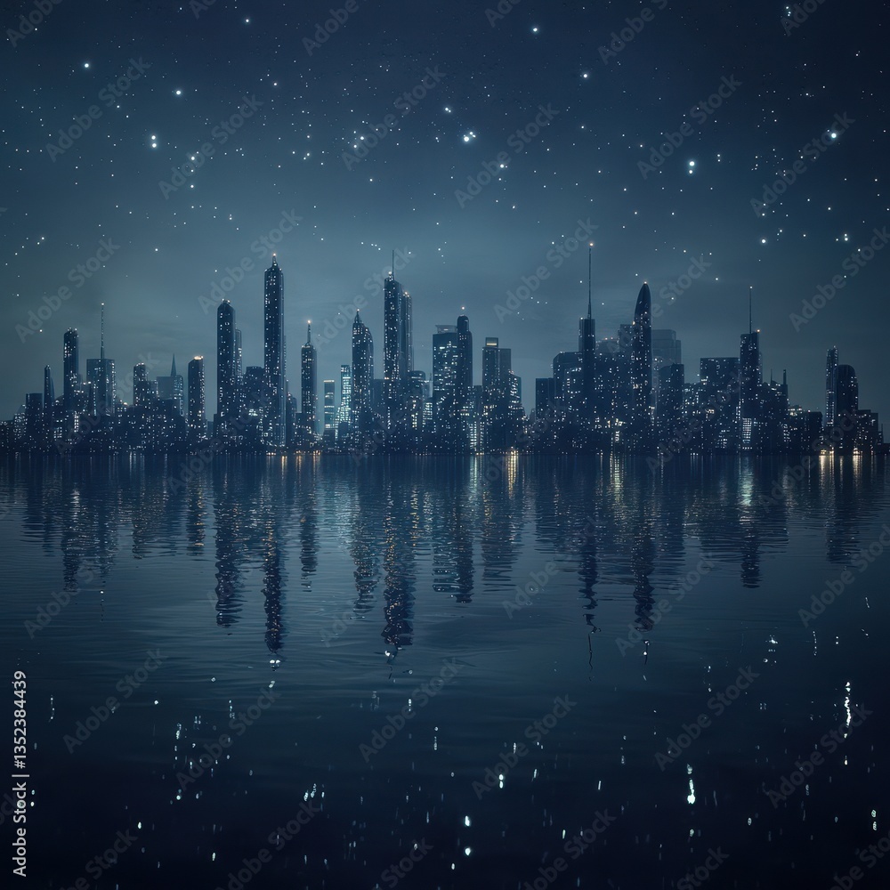 Fototapeta premium A futuristic cityscape reflects on water under a starry night sky