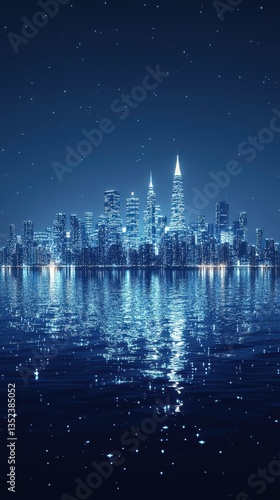 City skyline reflecting in water under a dark starry sky