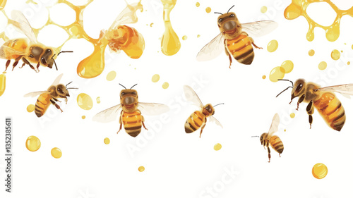 A digitally enhanced image shows multiple honeybees in flight against a stark white background.  Several droplets of honey are depicted, appearing to be in motion, surrounding the bees. The bees