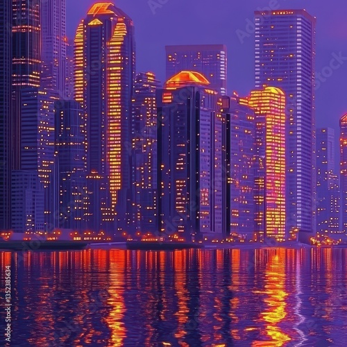 Illuminated urban cityscape featuring tall buildings reflecting on water at night