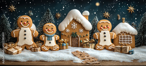 Cute gingerbread family celebrating Christmas in snowy village with warm lights and festive decorations