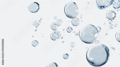 The image shows numerous air bubbles of varying sizes suspended in clear water against a bright white background. The bubbles are translucent, exhibiting subtle refractions of light.  The overall