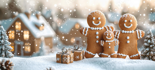 cheerful gingerbread family stands on snowy ground with gift boxes, surrounded by festive village and falling snow